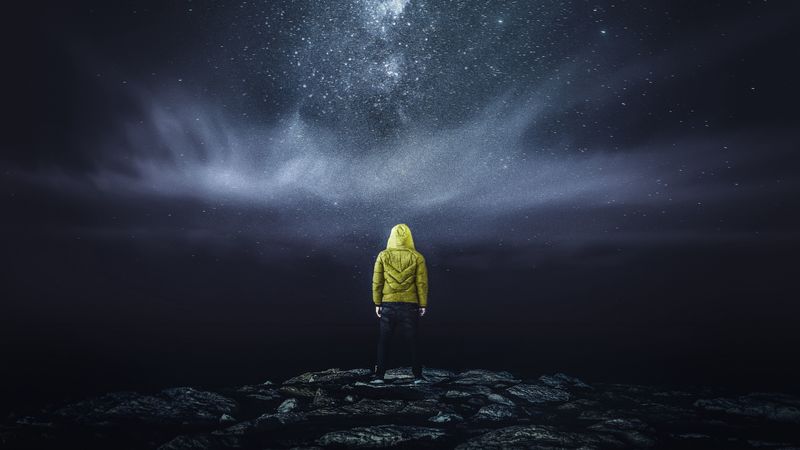 man, starry sky, stars, night, 4k