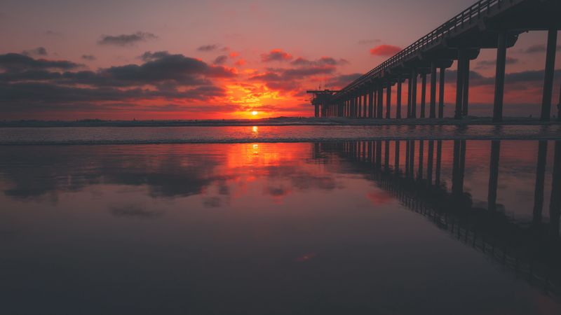 sea, pier, sunset, sky, 4k