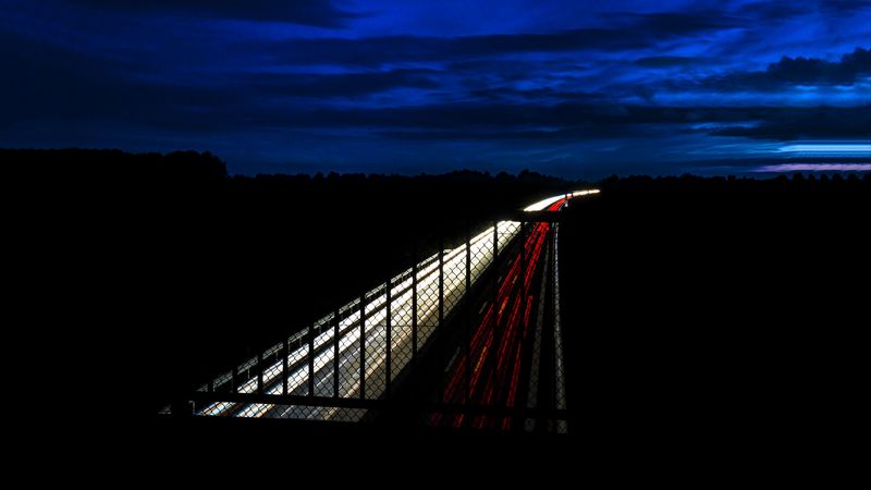 highway, night, bridge, road, light, 4k