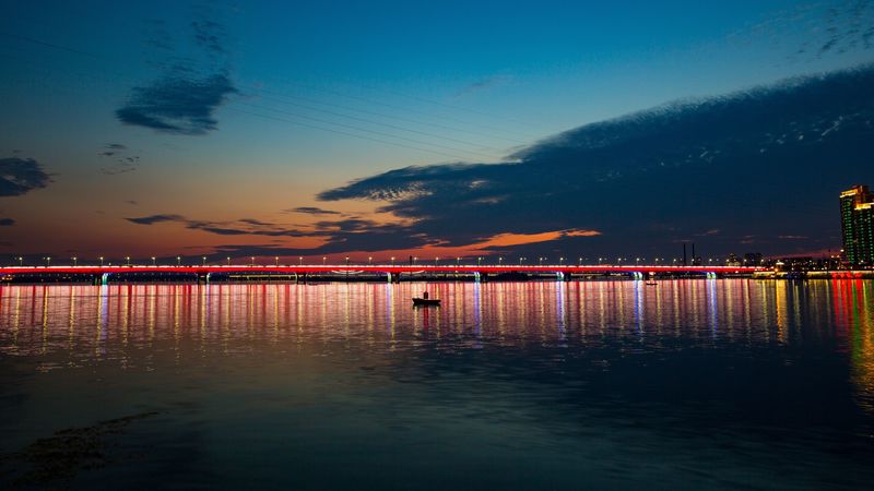 night city, bridge, boat, sea, 4k