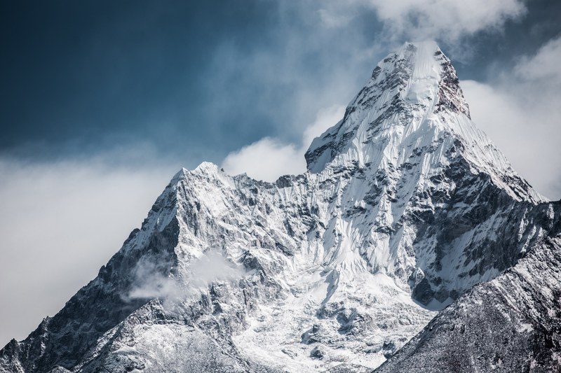 view from mount everest base camp on the mighty summit, distant peaks 4k
