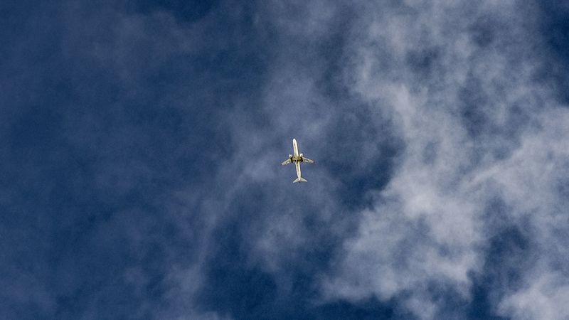 airplane, sky, flight, clouds, bottom view, 4k