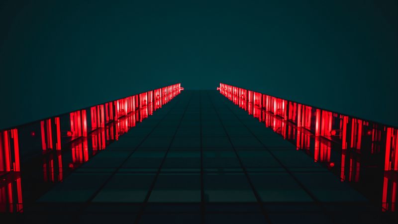 building, skyscraper, bottom view, lighting, 4k
