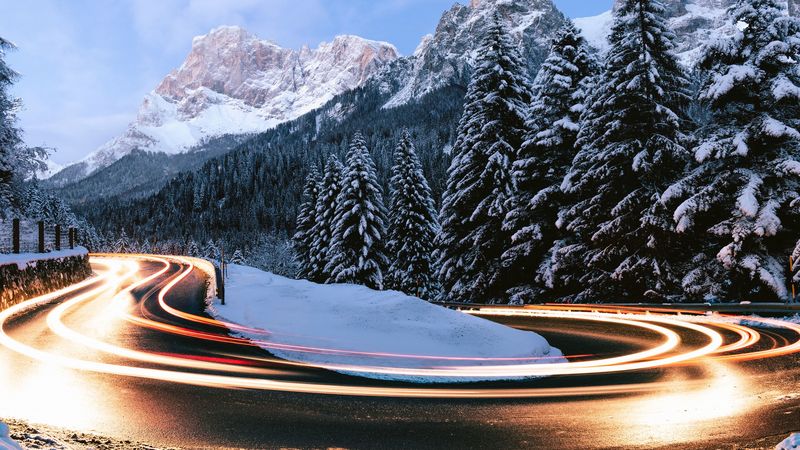 fir, winter, turn, road, snow, 4k