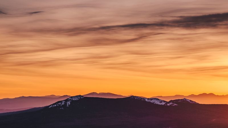 mountains, field, sky, sunset, 4k