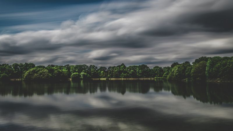 lake, trees, sky, clouds, overcast, 4k