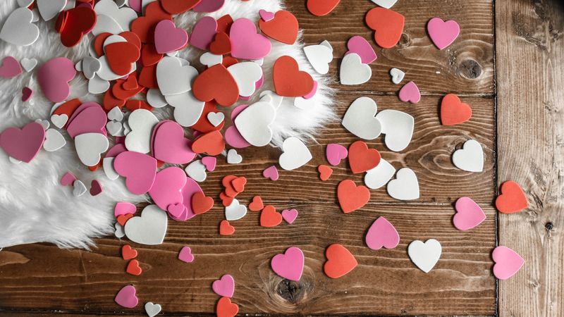 hearts, multicolored, fur, table, 4k