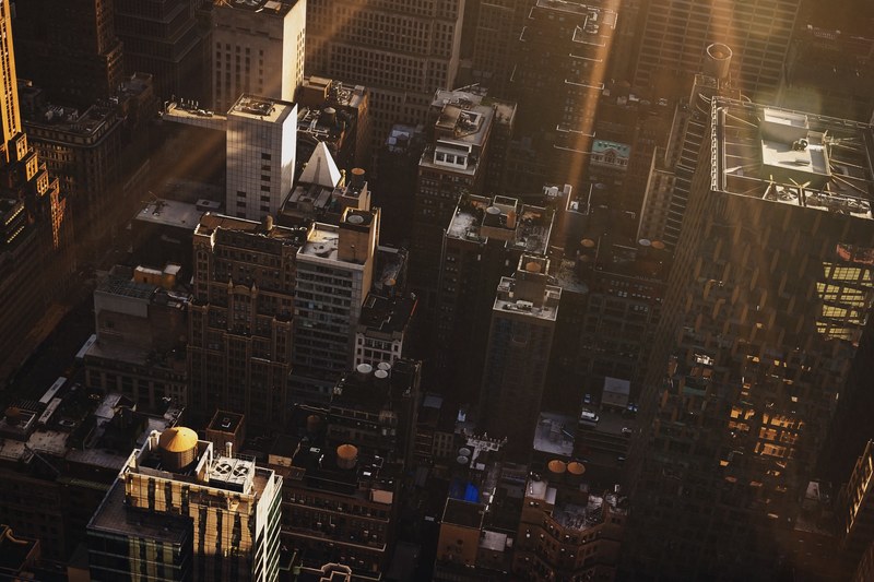 drone view of new york city buildings from the top of a skyscraper, _view from heaven 4k