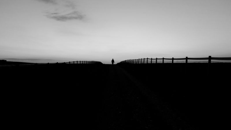 man, silhouette, fence, bw, 4k