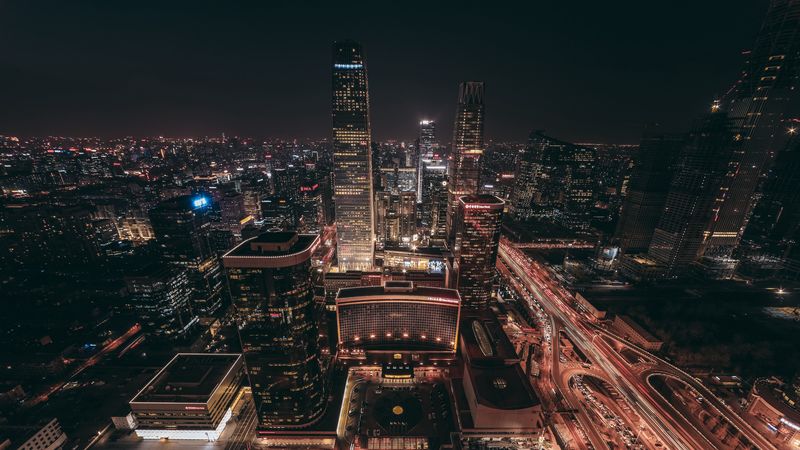 beijing, skyscrapers, night city, top view, 4k