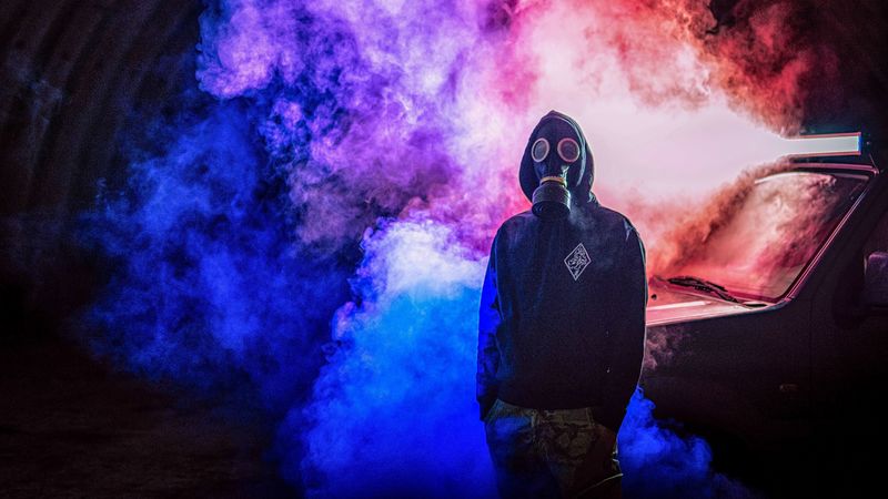 gas mask, man, smoke, colorful, 4k