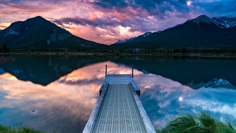 pier, mountains, lake, shore, 4k