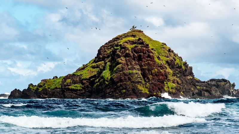 rock, block, moss, waves, 4k