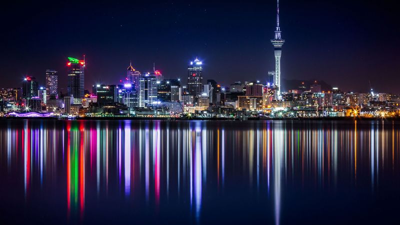new zealand, panorama, skyscrapers, buildings, shore, lighting, 4k