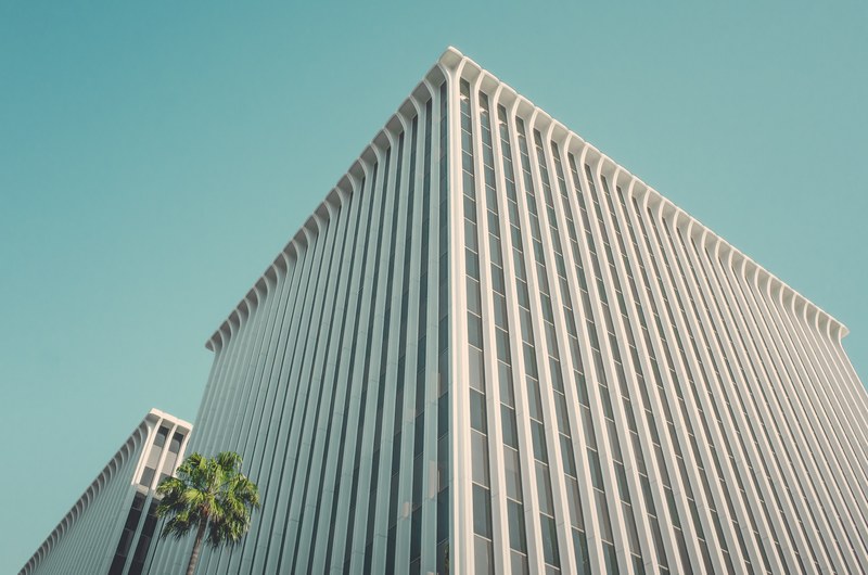 the corner of a white office building in beverly hills, one lonely palm tree 4k