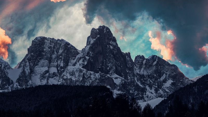 mountains, clouds, trees, snow, 4k