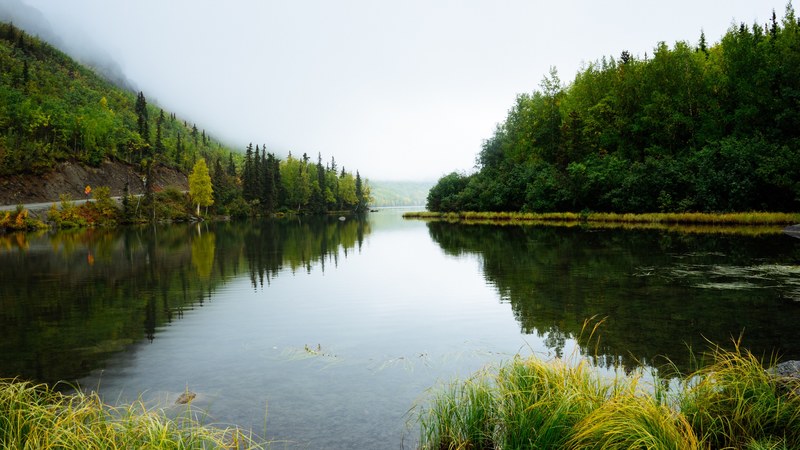 mist coming down on a quiet lake in alaska, mist settling on a lake 4k