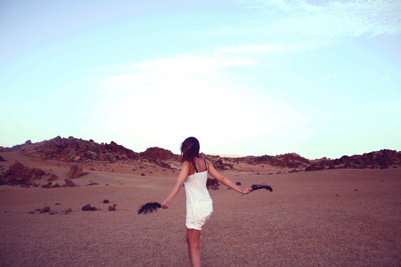 a carefree young woman with a black feather in either hand in the middle of a barren rocky plain, dancing in a rocky plain 4k