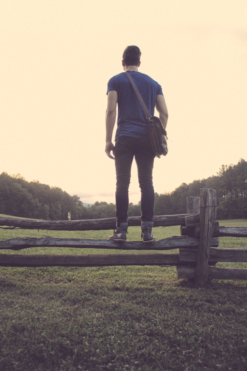 a person standing on a wooden fence looking towards a meadow, _wooden fence 4k