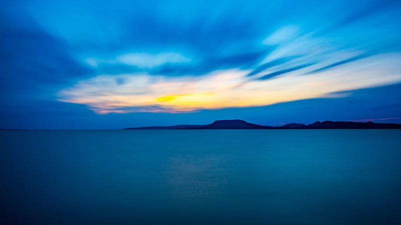 horizon, mountains, sea, blue, 4k