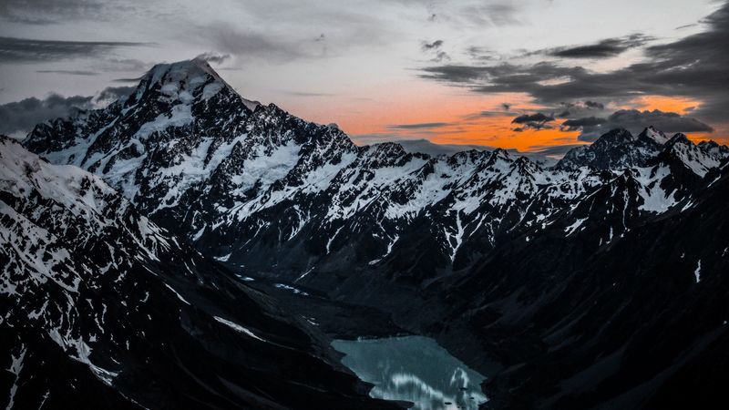 mountains, lake, tops, top view, 4k