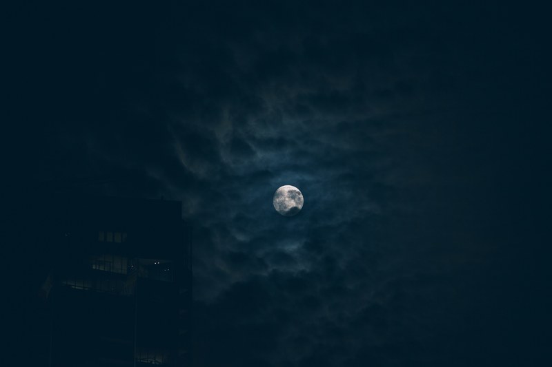 a spooky full moon glows in the cloudy night sky, moon on an inky cludy sky 4k