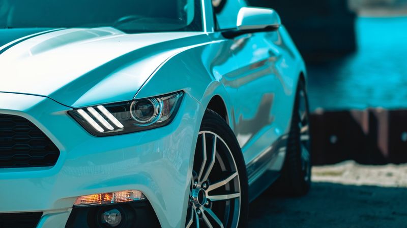 ford mustang, headlight, front view, wheels, 4k