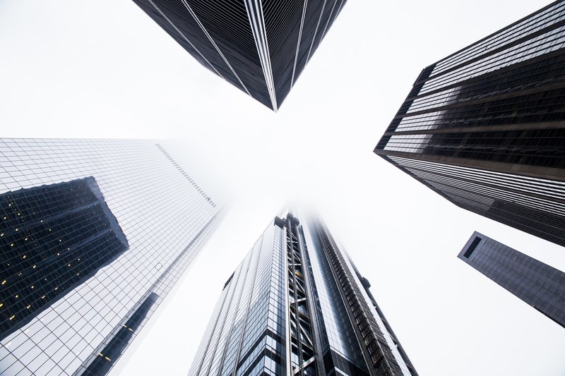 a low angle shot of several skyscrapers in lower manhattan new york, tall new york skyscrapers 4k