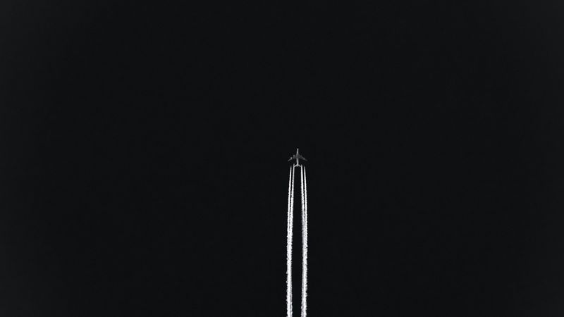 airplane, track, night, sky, takeoff, 4k
