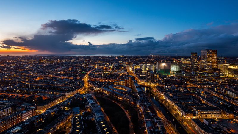 the hague, netherlands, night city, top view, 4k
