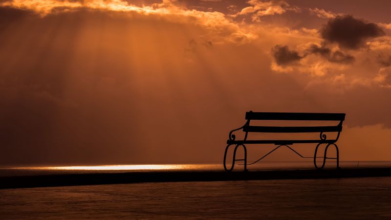 bench, sunset, sky, clouds, 4k