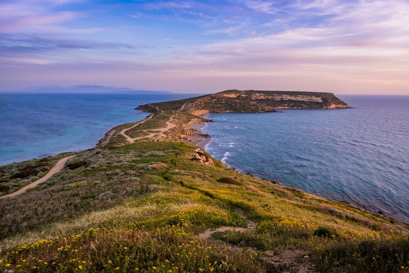 a long grassy peninsula reaching out into the choppy sea, green peninsula 4k