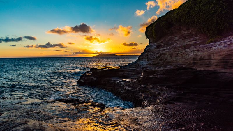sunset, rocks, blocks, sun, 4k