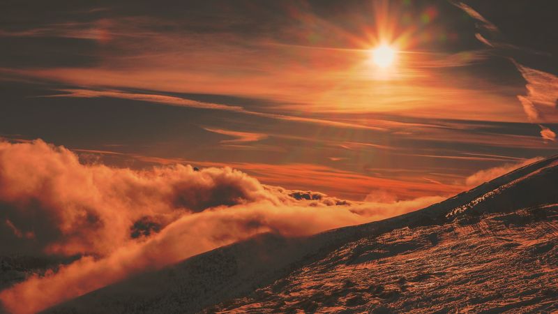 mountains, sunset, sky, snow, 4k