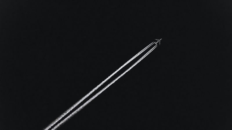 airplane, track, dark, sky, 4k