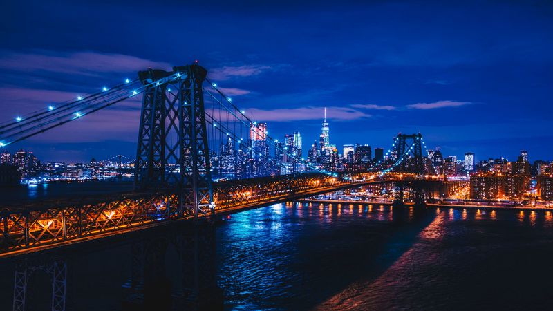 new york, usa, night city, bridge, 4k