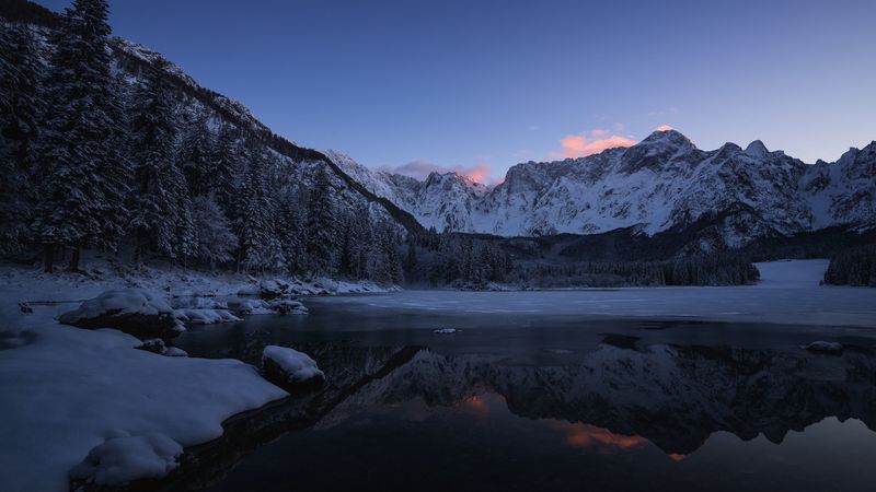 mountains, snow, lake, water, 4k