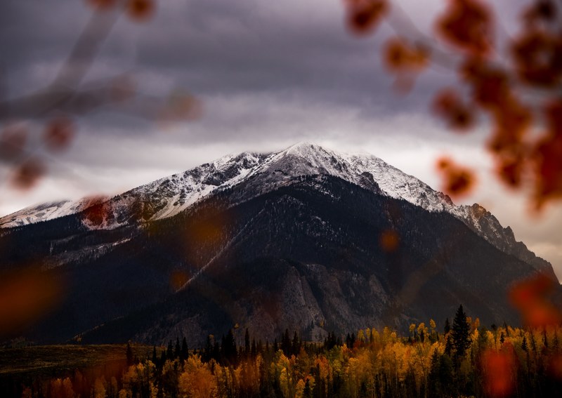 an autumn colored forest at the foot of a tall snowy mountain in silverthorne, autumn forest near a mountain 4k