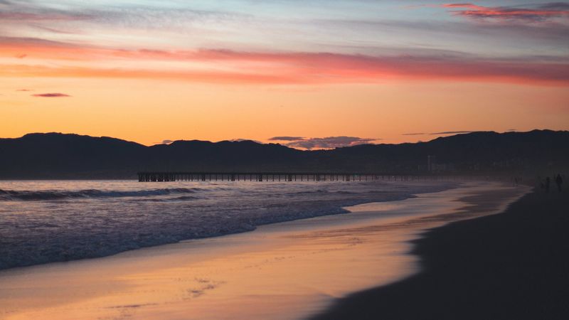 beach, mountains, sunset, shore, 4k