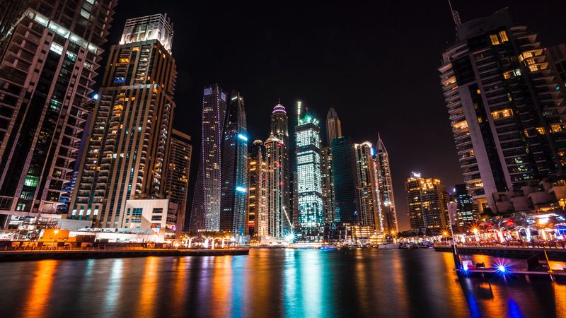 dubai, united arab emirates, skyscrapers, night, 4k