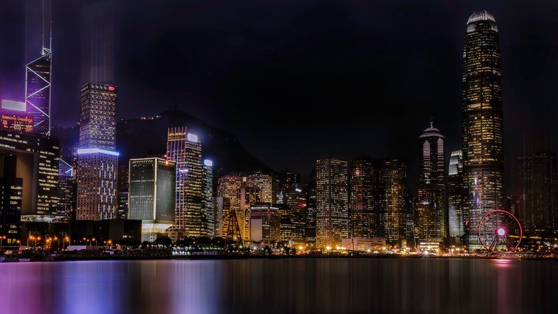 night city, skyscrapers, beach, 4k