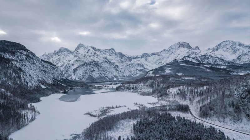 almsee, austria, mountains, winter, snow, lake, 4k