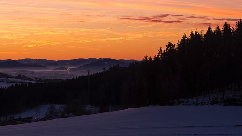 sky, trees, dawn, snow, clouds, 4k