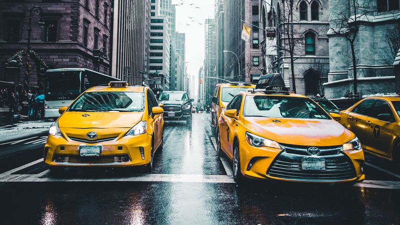taxi, skyscrapers, city, traffic, 4k