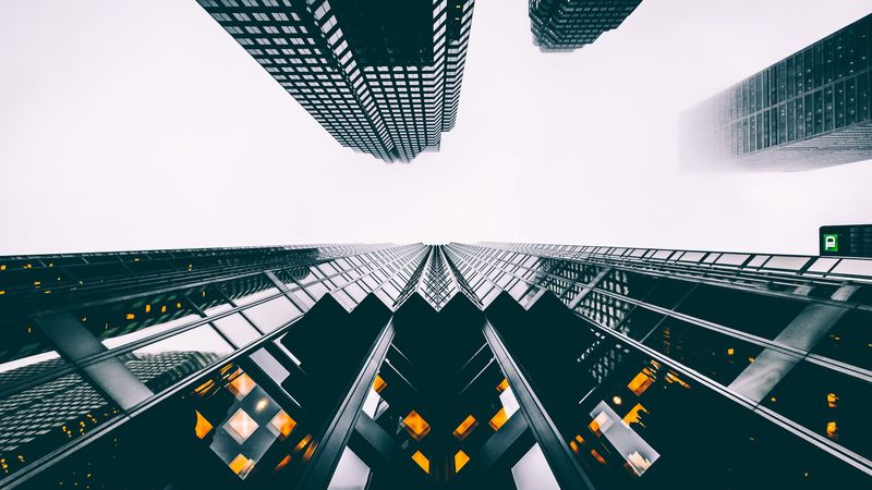buildings, skyscrapers, view from below, sky, 4k