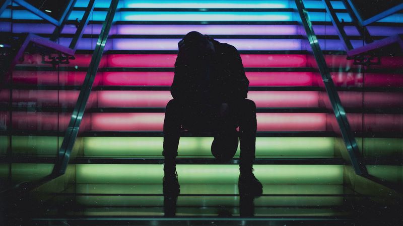 man, ladder, colorful, 4k