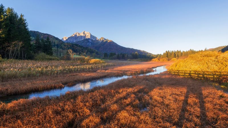 field, mountains, river, grass, 4k