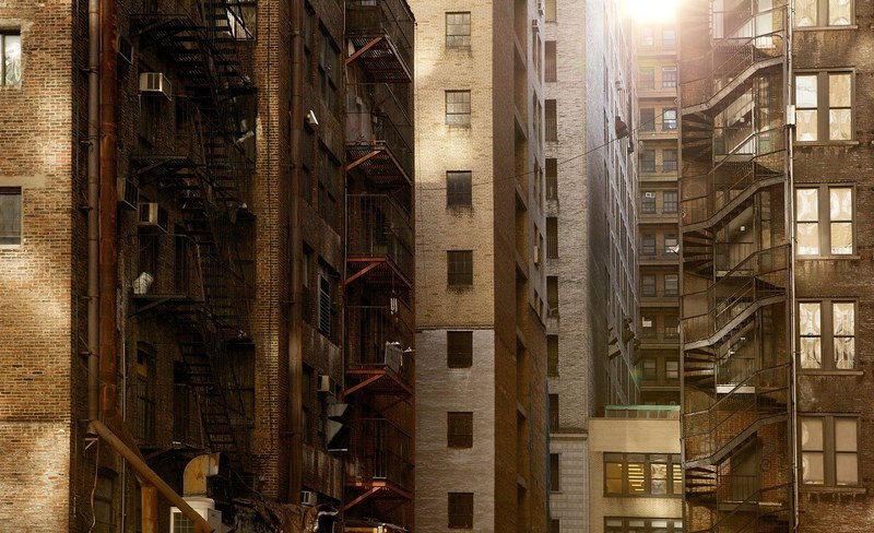 apartment building fire escape and architecture 4k