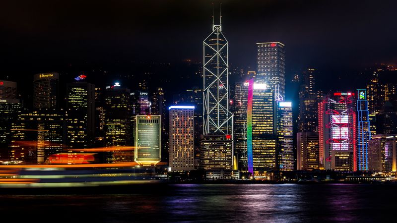 hong kong, skyscrapers, night, shore, 4k
