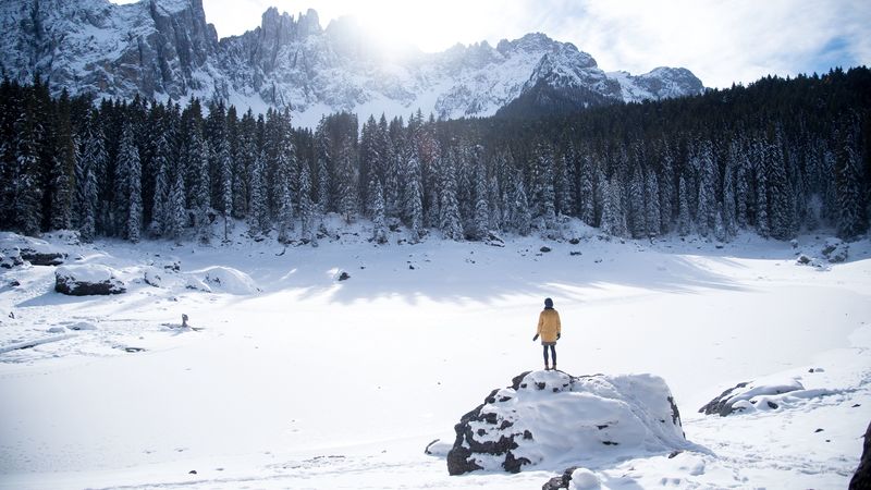 mountains, winter, man, travel, 4k